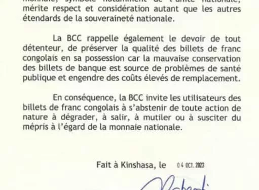 Sortant de sa coquille, sans aucune annonce des sanctions aux refractaires ,La BCC APPELLE AU RESPECT DE LA MONNAIE NATIONALE, LE FRANC CONGOLAIS